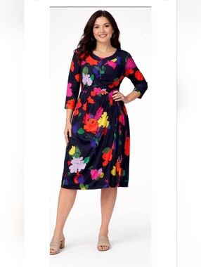 Lane Bryant Faux Wrap Dress Floral Navy Blue Midi 3/4 Sleeve NWT Size 26/28